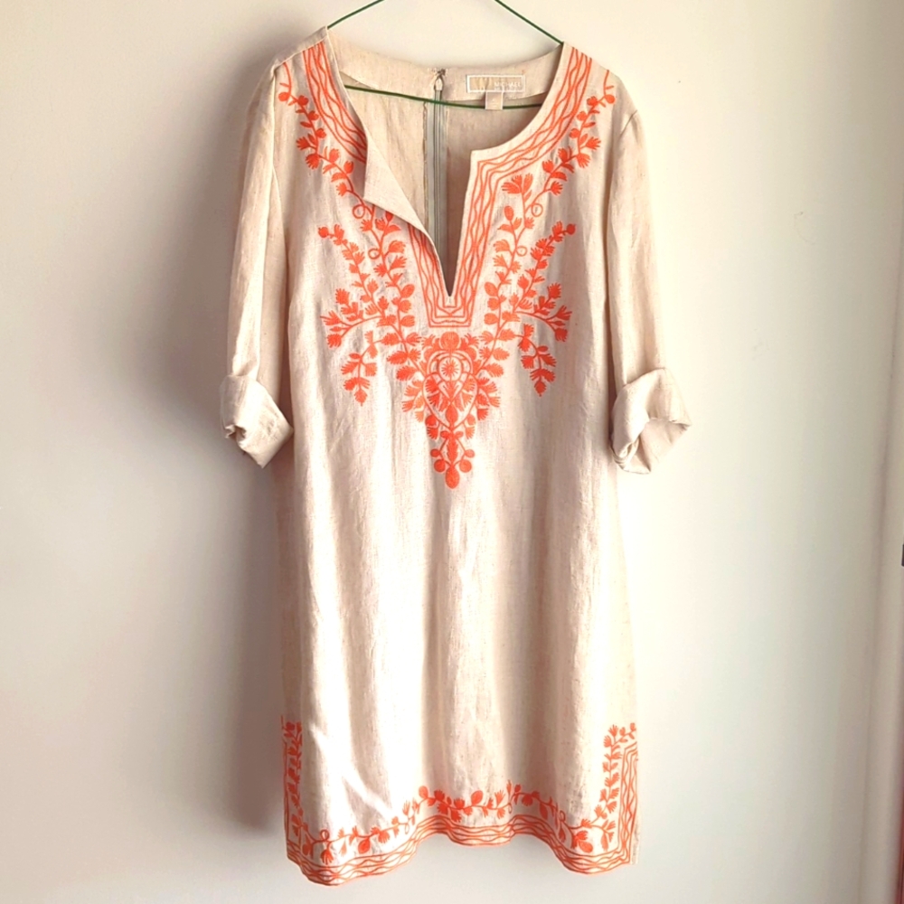 MICHAEL Michael Kors Cream Midi Dress with Orange Embroidery